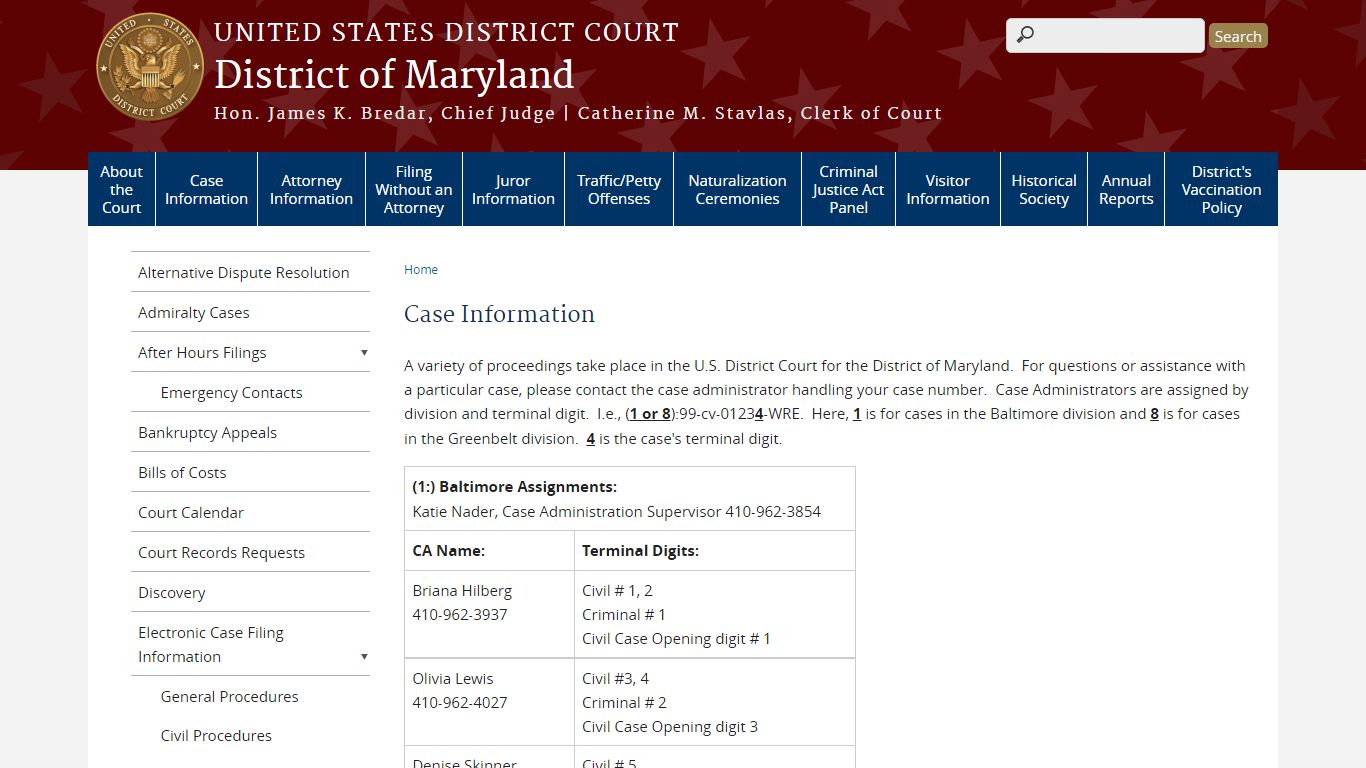 Case Information | District of Maryland | United States District Court